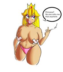 1girls big_breasts blonde_hair blue_eyes breasts capitalism cigarette female female_only long_hair mario_(series) nintendo pasties princess_peach shirtless simple_background smoking solo standing thong white_background