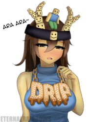 1girls ara_ara artist_name big_breasts black_eyes blue_clothing blush breasts brown_hair chain_necklace clothed clothed_female dialogue eternalrainbows female female_only funky_friday half-closed_eyes hat long_hair looking_at_viewer meme noob open_mouth plain_background roblox roblox_avatar simple_background sleeveless solo solo_female text video_games watermark white_background zeka_(character) zesha_(character)