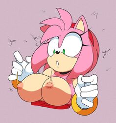 absurd_res amy_rose anthro big_breasts black_nose breasts bust_portrait clothing eulipotyphlan exposed_breasts female frosty_roy fullmetalsketch fur gloves green_eyes hair handwear hedgehog hi_res mammal nipples pink_body portrait simple_background solo sonic_(series) video_games wardrobe_malfunction