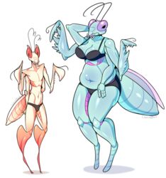 1boy1girl 1girls 4_arms 4_fingers abdomen antennae arthropod bare_shoulders big_breasts big_eyes black_panties bra breasts briefs bug bug_boy bug_girl chubby digitigrade female hand_on_head hands_behind_back hips insect insect_abdomen insect_boy insect_girl insect_mouth insects large_breasts lizardbat_(artist) male mandibles mantis multi_arm multi_limb navel orange_skin panties pink_wings praying_mantis purple_eyes red_eyes segmented tagme thick thick_thighs thighs underwear wide_hips wings