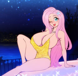 1girls aqua_eyes areolae blue_eyes breasts butterfly_hair_ornament cleavage curvy equestria_girls female female_only fluttershy_(mlp) friendship_is_magic hasbro huge_breasts humanized long_hair looking_at_viewer massive_breasts my_little_pony narrow_waist pink_hair revealing_clothes scorpdk skimpy skimpy_dress thick_thighs thighs very_long_hair voluptuous wink