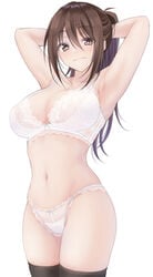 armpits arms_behind_head bangs black_legwear bra breasts brown_eyes brown_hair cleavage female hair_up highres lace large_breasts lingerie looking_at_viewer midriff navel original panties small_panties smile solo thighhighs underwear white_bra white_lingerie white_panties zeroamu