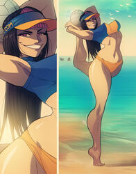 1girls beach black_hair breasts capcom clothed female female_only fully_clothed grin hourglass_figure juri_han large_breasts leg_behind_head long_hair looking_at_viewer multicolored_hair pink_hair purple_eyes seaside solo standing_on_one_leg street_fighter swimsuit thin_waist triplexmile volleyball_(ball) voluptuous