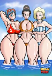 3girls android_18 arm_behind_back arm_behind_head arm_up big_breasts bikini breast_press breasts bulma_briefs chichi collar dragon_ball dragon_ball_super dragon_ball_z female female_only glasses glasses_on_head hair huge_breasts mallow_strife one_eye_closed open_mouth seductive short_hair smile sunglasses sunglasses_on_head tongue water wink