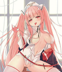 azur_lane bottomless censored heart-shaped_pupils high_socks inner_sideboob jacket light_skin needle no_bra nurse nurse_uniform open_shirt pencil penetration penis perseus_(azur_lane) pink_hair pussy pussy_juice semisweet sex sticking_out_tongue thighhighs window