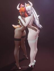 2girls 3d animated ass boosette bowsette breast_press breasts_to_breasts chocolate_and_vanilla dark-skinned_female dark_skin female female_only green_eyes high_heels interracial light-skinned_female light_skin mario_(series) mouth_open new_super_mario_bros._u_deluxe nintendo no_sound pose posing red_bowsette rule_63 rushzilla shorter_than_10_seconds tagme tail tongue_out turntable_(animation) video