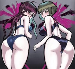 2girls ass ass_focus big_ass big_breasts big_butt bikini breasts danganronpa danganronpa_ultra_despair_girls embarrassed female female_only fukawa_touko glasses green_eyes green_hair long_hair multiple_girls naegi_komaru one-piece_swimsuit purple_eyes purple_hair short_hair smooth_skin swimsuit trizzz