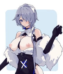 arknights bare_shoulders black_choker black_dress black_gloves blue_eyes blush border breasts choker cleavage_cutout clothing_cutout coldcat. commentary_request dress elbow_gloves eyepatch feather_boa female gloves hair_ornament hand_up highres large_breasts light_blue_background medical_eyepatch nipples one_eye_covered parted_lips puffy_nipples purple_hair short_hair sleeveless sleeveless_dress solo two-tone_dress upper_body whisperain_(arknights) whisperain_(tremble_cold)_(arknights) white_border white_dress x_hair_ornament