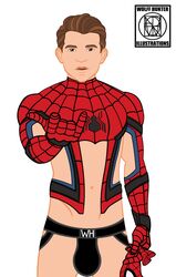 1boy black_underwear brown_eyes brown_hair bulge jockstrap looking_at_viewer male male_focus male_only marvel marvel_comics mask_removed partially_clothed peter_parker solo solo_focus solo_male spider-man straight_hair underwear wolffhunter_art