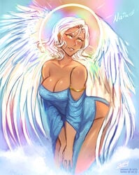 angel angel_wings armlet bare_shoulders blue_dress breasts cleavage clothes cloud dark-skinned_female dark_skin dress gold_eyes halo heaven iahfy jewelry leaning_forward light low_cut_dress low_cut_top lucia_(iahfy) slit_dress smile smiling white_hair wings yellow_eyes