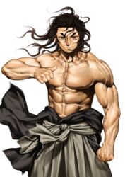 black_hair demon_slayer detailed haganezuka_hotaru hakama kimetsu_no_yaiba long_hair looking_at_viewer male male_only muscular muscular_male realistic shirtless solo topless veins veiny_arms veiny_muscles