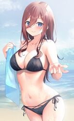 1girls bare_arms bare_shoulders beach bikini black_bikini black_ribbon blue_eyes blue_sky blush breasts brown_hair cleavage closed_mouth collarbone cowboy_shot female_only go-toubun_no_hanayome hair_between_eyes halterneck holding holding_towel large_breasts long_hair looking_at_viewer midriff mizukanayuki nail_polish nakano_miku navel ocean pink_nails pinup ribbon shiny shiny_hair shiny_skin side-tie_bikini skindentation sky smile solo solo_female solo_focus stomach swimsuit towel water wet wet_body wet_skin