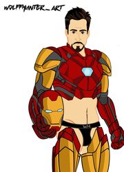 1boy armor black_underwear brown_eyes brown_hair bulge facial_hair goatee helmet iron_man jockstrap looking_at_viewer male male_focus male_only marvel marvel_comics partially_clothed solo solo_focus solo_male tony_stark underwear wolffhunter_art