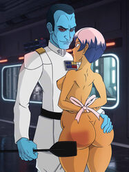 1boy 1girls ass big_ass breasts brown_eyes clothed clothing colored_hair grand_admiral_thrawn hi_res interspecies kingvego medium_breasts nipples nude sabine_wren short_hair sideboob simple_background smile star_wars star_wars_rebels wide_hips