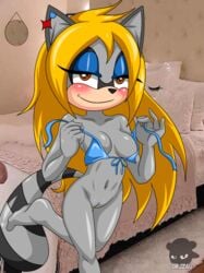 anthro bedroom blonde_hair brassiere breasts brown_eyes eyeshadow fan_character female fur genitals grey_body grey_fur hair half-closed_eyes hi_res humanoid makeup mammal narrowed_eyes procyonid pussy raccoon sega sirjzau smile solo sonic_(series) sonic_the_hedgehog_(series) virginia_the_raccoon