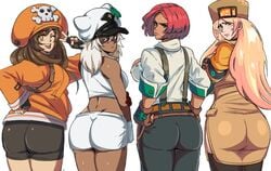 4girls ass back back_view blush bob_cut brazilian brazilian_female clothed female fully_clothed giovanna_(guilty_gear) guilty_gear guilty_gear_strive may_(guilty_gear) millia_rage multiple_girls ramlethal_valentine red_hair short_hair tight_clothing tinafate1