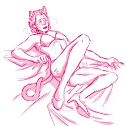 1boy avengers blushing bra breathing_heavily cat_ears cat_tail catboy collar crossdressing grabbing_sheets high_heels kittenplay loki_(marvel) loki_(series) male male_focus male_only marvel petplay