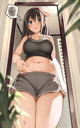 1girls 2020s 2021 bangs bare_arms bare_shoulders belly_pinch black_hair black_topwear blue_eyes blush bow bow_hairband breasts camisole collarbone dolphin_shorts exposed_belly eyebrows_visible_through_hair front_view grey_shorts hair_bow hairband hand_on_hip highres indoors kureha_(ironika) long_hair medium_breasts mirror navel nervous original polka_dot_hairband red_bow red_hairband reflection shiny_hair shiny_skin shorts side_slit sleeveless slightly_chubby solo solo_female speech_bubble spoken_squiggle squiggle stomach thighs tomboy tsubasa_(kureha) wallpaper weight_conscious