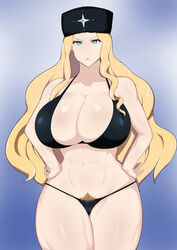 1girls abs alternate_breast_size angry annoyed big_breasts black_bra black_panties blonde_hair blonde_pubic_hair blue_eyes breasts cleavage eyebrows fujou_joshi fur_hat hands_on_hips huge_breasts huzeu1 kolin large_breasts lips long_hair looking_away muscular muscular_female pubic_hair pubic_hair_peek solo street_fighter street_fighter_v thick_thighs thighs thong ushanka wavy_hair wide_hips