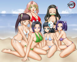 6girls beach big_breasts bikini black_bikini black_hair blue_bikini blue_eyes blue_hair braided_hair butterfly_hair_ornament cleavage demon_slayer female female_only gag green_bikini green_eyes group kamado_nezuko kanroji_mitsuri kanzaki_aoi_(kimetsu_no_yaiba) kimetsu_no_yaiba kochou_shinobu makomo medium_breasts multiple_girls pink_hair ponytail purple_bikini purple_eyes purple_hair red_bikini shien_(artist) sideboob small_breasts swimsuit tsuyuri_kanao twintails two_tone_hair underboob white_bikini