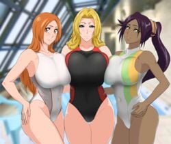 3girls bare_arms bare_legs bare_shoulders big_breasts bleach blonde_hair blue_hair breast_press breast_to_breast brown_eyes curvaceous curvy curvy_female dark-skinned_female female female_only hourglass_figure huge_breasts indoors inoue_orihime iwao178 light-skinned_female looking_at_viewer matsumoto_rangiku mole mole_under_mouth multiple_girls navel one-piece_swimsuit orange_hair ponytail pool poolside purple_hair shihouin_yoruichi swimsuit that_pool tied_hair voluptuous wide_eyed yellow_eyes