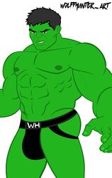 1boy abs bara bare_chest biceps black_hair black_underwear bulge green-skinned_male green_eyes green_skin hulk hulk_(series) jockstrap looking_at_viewer male male_focus male_nipples male_only marvel marvel_comics muscular muscular_male nipples partially_clothed pecs solo solo_focus solo_male underwear underwear_only wolffhunter_art