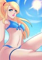 1girls bikini blonde_hair blue_eyes female female_focus female_only lipstick looking_at_viewer metroid nintendo partially_clothed samus_aran solo swimsuit tulipsie