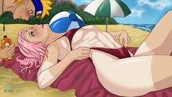 1boy 1boy1girl 1girls abs armpits beach bedroom bedroom_eyes bikini bikini_bottom bikini_top blonde_hair blue_eyes blush boruto:_naruto_next_generations boyscout brown_skin female forehead_jewel forehead_mark forehead_protector green_eyes headband light-skinned_female light_skin lips lipstick looking_at_partner lotion male/female muscular muscular_female naruto naruto_(classic) naruto_(series) naruto_shippuden necklace ocean on_back outdoors outside panties petite pink_hair pink_lips pink_lipstick red_panties red_swimsuit romantic_ambiance sakura_haruno small_breasts swimsuit tan tan_body tan_skin tanline tanned teenager thighs toned toned_female uzumaki_naruto uzumaki_naruto whisker_markings yellow_hair