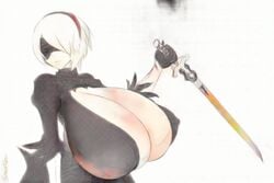 1girls alternate_breast_size android beauty_mark big_breasts blindfold cleavage colored cropped_torso female full_cleavage holding_sword huge_breasts hyper katana large_breasts long_cleavage mole_under_mouth monochrome nier nier:_automata nier_(series) nipple_bulge nipples_visible_through_clothing sanka-tetsu solo square_enix sword weapon white_hair yorha_2b