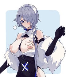 1other ? arknights bare_shoulders black_choker black_dress black_gloves blue_eyes blush border breast_grab breasts choker cleavage_cutout clothing_cutout coldcat. commentary_request dress elbow_gloves eyepatch feather_boa female gloves grabbing groping hair_ornament hand_up highres large_breasts light_blue_background medical_eyepatch nipples one_eye_covered parted_lips puffy_nipples purple_hair short_hair sleeveless sleeveless_dress solo_focus speech_bubble spoken_question_mark two-tone_dress upper_body whisperain_(arknights) whisperain_(tremble_cold)_(arknights) white_border white_dress x_hair_ornament