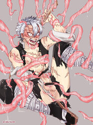 angry bondage demon_slayer erection kimetsu_no_yaiba male male_only no_eyebrows penis ripped_clothing sanemi_shinazugawa scars solo suspension tentacle tentacle_on_male tentacle_rape torn_clothes white_hair