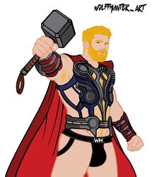 1boy armor beard black_underwear blonde_hair bulge cape facial_hair hammer human human_only jockstrap light-skinned_male light_skin looking_at_viewer male male_focus male_only marvel marvel_cinematic_universe mjolnir partially_clothed solo solo_focus solo_male thor_(marvel) thor_(series) underwear wolffhunter_art