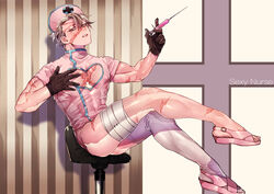 alternate_costume ambush_(trap) bandages cleavage_cutout crossdressing demon_slayer detailed gloves hand_on_own_chest kemonochan kimetsu_no_yaiba looking_down male male_only manly_crossdresser muscles muscular muscular_male nurse nurse_cap nurse_uniform one_sock sandals sanemi_shinazugawa scars silver_hair solo syringe tight_clothing