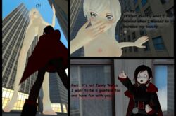 3d barefoot breasts english_text female giantess looking_up public public_nudity pussy ruby_rose rwby text weiss_schnee