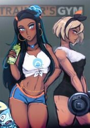 2019 2girls abs bashful bea_(pokemon) belly_chain blue_choker blue_eyes blue_highlights blush blushing crop_top dark-skinned_female dark_background dark_hair drinking ear_piercing earrings eyebrows_raised female female_only game_freak glamour glaring goddess gym gym_leader hand_on_hip hoop_earrings iahfy long_legs looking_annoyed medium_breasts muscular muscular_female navel necklace nessa_(pokemon) nintendo perspective pokemon pokemon_ss short_white_hair sobble thick_thighs thighs tied_shirt trainers training turquoise_eyes two_piece water_bottle weight weightlifting white_hair workout_clothes