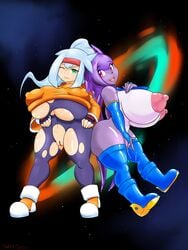 2girls alternate_breast_size anthro ashe_(megaman_zx) big_breasts boots capcom crossover cyborg dragon duo erect_nipples female female/female female_only fingering fingering_self fingerless_gloves freedom_planet hairband highres horns human humanoid light_blue_hair mega_man mega_man_zx mega_man_zx_advent nipple_bulge nipples_visible_through_clothing nude nude_female original partially_clothed purple_hair pussy pussy_ejaculation pussy_juice sanka-tetsu sash_lilac scalie space_background starry_background torn_clothes water_dragon yuri