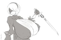 1girls alternate_breast_size android beauty_mark big_breasts blindfold cleavage color cropped_torso female full_cleavage holding_sword huge_breasts hyper katana large_breasts long_cleavage mole_under_mouth monochrome nier nier:_automata nier_(series) nipple_bulge nipples_visible_through_clothing sanka-tetsu solo square_enix sword weapon white_hair yorha_2b