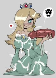 1boy 1girls bimbo blush bowser crap-man crown cum cum_on_body cum_on_breasts cum_on_clothes disembodied_penis dress earrings edit female hair_over_one_eye heart heart-shaped_pupils hi_res holding_penis interspecies kneeling licking_lips loads_of_cum long_hair looking_at_viewer mario_(series) monster_cock nintendo penis princess_rosalina seductive solo solo_female steam veiny_penis voluptuous