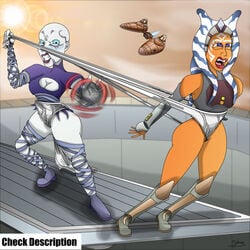 2girls ahsoka_tano asajj_ventress big_breasts blue_eyes breasts cleavage clothed clothing curvy dathomiri female_focus female_only multiple_girls open_mouth revealing_clothes simple_background smile snakewars7798 star_wars star_wars_rebels togruta wedgie wide_hips