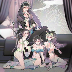 1boy 3girls alternate_costume ass belly_dancer belly_dancer_outfit black_hair bubble_butt canon_couple cleavage dancer dancer_outfit demon_slayer female femsub harem harem_girl harem_outfit harem_pants hinatsuru_(kimetsu_no_yaiba) hookah husband_and_wives jewelry kimetsu_no_yaiba large_breasts leash_and_collar looking_at_viewer makio_(kimetsu_no_yaiba) male maledom married_couple miyoshino multicolored_hair polyamory polygamy ponytail smoke smoking submissive_female suma_(kimetsu_no_yaiba) the_wives_(kimetsu_no_yaiba) thin_female uzui_tengen voluptuous white_hair