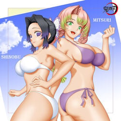 2girls back_to_back big_breasts bikini black_hair braided_hair butterfly_hair_ornament demon_slayer female female_only green_eyes kanroji_mitsuri kimetsu_no_yaiba kochou_shinobu pink_hair purple_bikini purple_eyes swimsuit two_tone_hair white_bikini