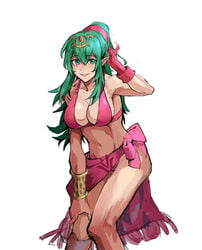 1girls absurdres adjusting_hair alternate_costume bikini bracelet breasts cleavage female fingerless_gloves fire_emblem fire_emblem:_genealogy_of_the_holy_war fire_emblem_awakening gloves green_eyes green_hair highres jewelry large_breasts lene_(fire_emblem)_(cosplay) looking_at_viewer navel nintendo pink_bikini pink_gloves pink_swimsuit pointy_ears ponytail saiykik sarong side-tie_bottom sideboob sidelocks smile solo_female swimsuit tiki_(adult)_(fire_emblem) tiki_(fire_emblem)