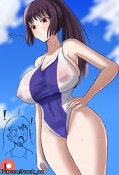 ! 2girls alternate_breast_size ausoh big_breasts blush breasts curvy_figure female female_only hayase_nagatoro huge_breasts nipple_bulge one-piece_swimsuit please_don't_bully_me,_nagatoro ponytail president_(nagatoro) red_eyes sana_sunomiya solo_focus standing surprised swimsuit thick_thighs thighs transparent_clothing wide_hips