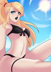 1girls bikini black_bikini black_lipstick blonde_hair blue_eyes day female goth gothified high_ponytail looking_at_viewer metroid navel_piercing outside piercing samus_aran sidelocks sky solo sparkle sun swimsuit tulipsie