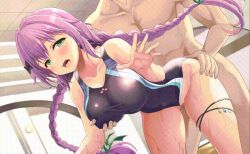 animated blush breast_grab censored competition_swimsuit doggy_style faceless_male flower_knight_girl hand_on_ass on_all_fours one-piece_swimsuit open_mouth purple_hair swimsuit swimsuit_aside twin_braids vaginal_penetration vaginal_sex