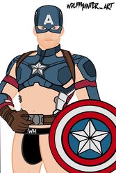 1boy black_jockstrap black_underwear blue_eyes bulge captain_america captain_america's_shield helmet jockstrap looking_at_viewer male male_focus male_only marvel marvel_comics partially_clothed solo solo_focus solo_male steve_rogers underwear wolffhunter_art