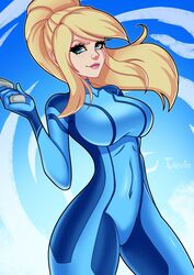 1girls blonde_hair looking_at_viewer metroid samus_aran skin_tight solo tulipsie zero_suit zero_suit_samus