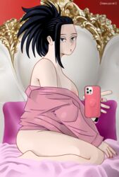 bed bedroom black_hair iphone momo_yaoyorozu my_hero_academia nobledocart phone white_skin