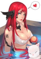 1girls aqua_eyes artist_request au_ra bikini breasts cleavage female final_fantasy final_fantasy_xiv heart large_breasts long_hair looking_at_viewer moogle red_hair sitting smile solo swimsuit upper_body water xaela