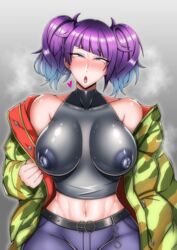 ahe_gao asking_for_it bare_shoulders belt black_topwear blue_bottomwear blue_hair blush camouflage_jacket heart horny idolmaster idolmaster_shiny_colors inviting_to_sex jeans midriff midriff_baring_shirt multicolored_hair nipple_bulge nipples_visible_through_clothing off_shoulder open_mouth puni2brain purple_eyes purple_hair removing_jacket shiny_clothes shiny_skin steam steaming_body steamy sweater taking_clothes_off tanaka_mamimi turtleneck_sweater twintails visible_nipples